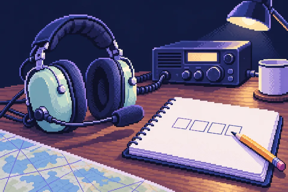 Pixel art of a radio headset and a spelling reference notebook.