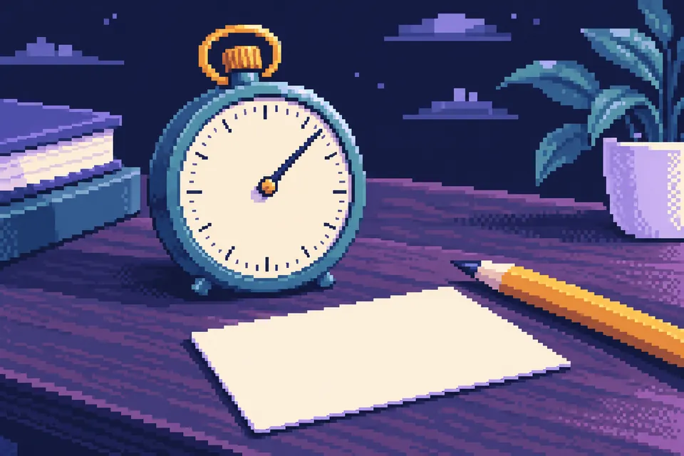 Pixel art of a stopwatch beside a pencil and a blank answer card.