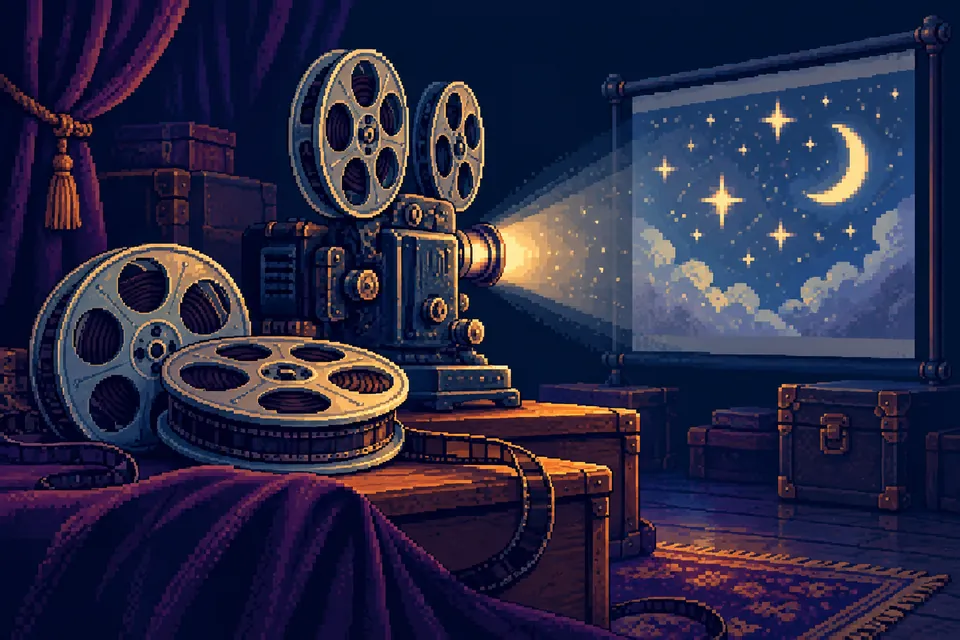 Pixel art of three unmarked film reels beside a projector and a starry screen.