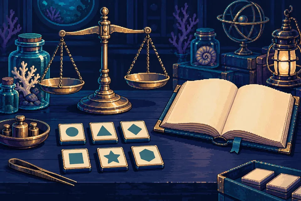 Pixel art of a measuring balance and geometric symbol tiles beside an open reference book.