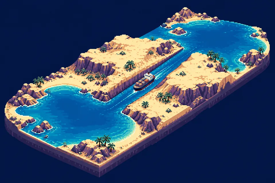 Pixel art of a small cargo ship passing through a canal between sandy banks.